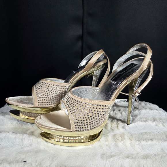 Highest Heel Diamond Double Platform Heels 11m Rhinestones Champagne Gold - Picture 1 of 4